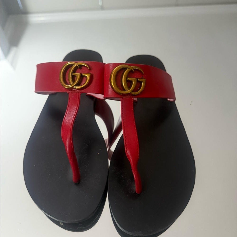 Gucci Red Sandals with Gold Accents slides slipons designer flats thong sandals